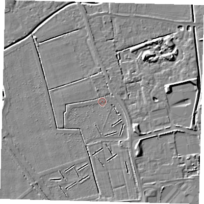 Shaded relief map of the ground around PE115AX, computed from Environment Agency LiDAR. The ground here sits at about 3 m above sea level and falls 6 m across the surrounding 800 m. Surface water reaching this point runs off ground lying to the south-east, 1.8 m higher.
