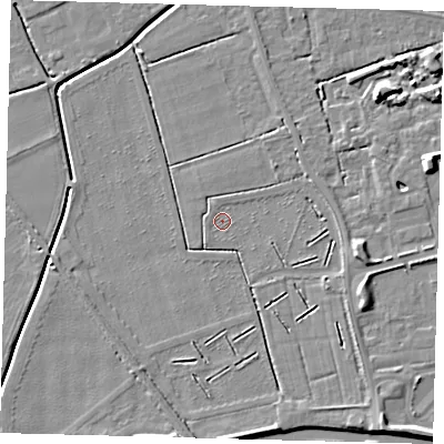 Shaded relief map of the ground around PE115AY, computed from Environment Agency LiDAR. The ground here sits at about 3 m above sea level and falls 7 m across the surrounding 800 m. The ground contributing surface water to this point lies to the north-north-west.