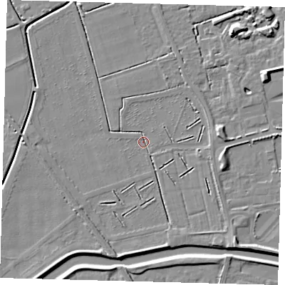Shaded relief map of the ground around PE115AZ, computed from Environment Agency LiDAR. The ground here sits at about 3 m above sea level and falls 6 m across the surrounding 800 m. Surface water reaching this point runs off ground lying to the south, 3.1 m higher.