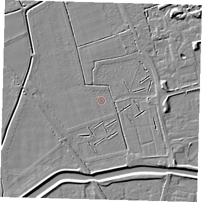 Shaded relief map of the ground around PE115BA, computed from Environment Agency LiDAR. The ground here sits at about 3 m above sea level and falls 7 m across the surrounding 800 m. Surface water reaching this point runs off ground lying to the south-south-east, 2.6 m higher.