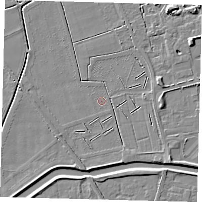 Shaded relief map of the ground around PE115BD, computed from Environment Agency LiDAR. The ground here sits at about 3 m above sea level and falls 7 m across the surrounding 800 m. Surface water reaching this point runs off ground lying to the south-south-east, 2.6 m higher.