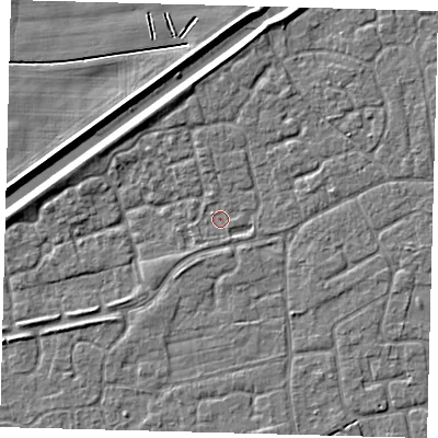 Shaded relief map of the ground around PE115GE, computed from Environment Agency LiDAR. The ground here sits at about 3 m above sea level and falls 4 m across the surrounding 800 m. Surface water reaching this point runs off ground lying to the north, 2.0 m higher.