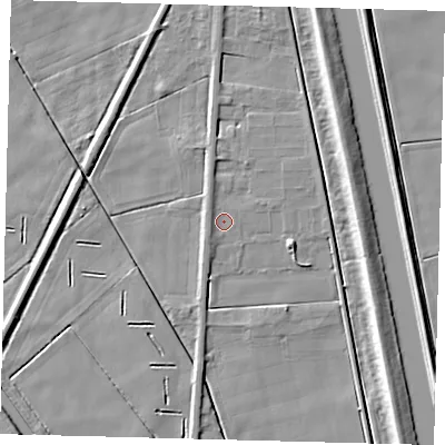 Shaded relief map of the ground around PE117AB, computed from Environment Agency LiDAR. The ground here sits at about 2 m above sea level and falls 7 m across the surrounding 800 m. Surface water reaching this point runs off ground lying to the north-north-west, 1.3 m higher.