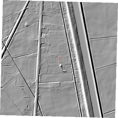 Shaded relief map of the ground around PE117AD, computed from Environment Agency LiDAR. The ground here sits at about 3 m above sea level and falls 6 m across the surrounding 800 m. The ground contributing surface water to this point lies to the east-south-east.