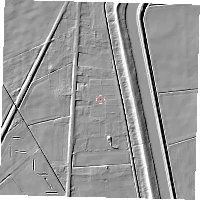 Shaded relief map of the ground around PE117AE, computed from Environment Agency LiDAR. The ground here sits at about 3 m above sea level and falls 6 m across the surrounding 800 m. The ground contributing surface water to this point lies to the east-north-east.