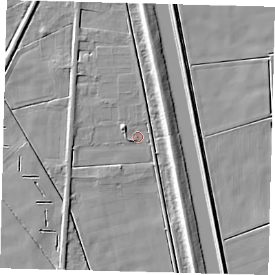Shaded relief map of the ground around PE117AF, computed from Environment Agency LiDAR. The ground here sits at about 2 m above sea level and falls 6 m across the surrounding 800 m. Surface water reaching this point runs off ground lying to the north-west, 3.2 m higher.
