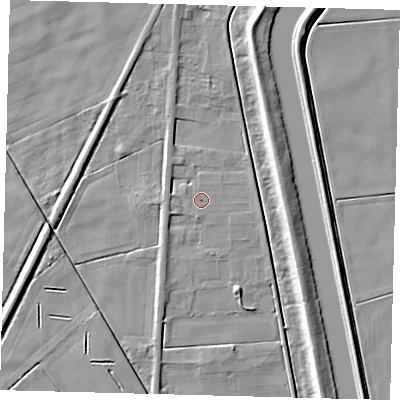Shaded relief map of the ground around PE117AG, computed from Environment Agency LiDAR. The ground here sits at about 3 m above sea level and falls 6 m across the surrounding 800 m. The ground contributing surface water to this point lies to the south-south-west.