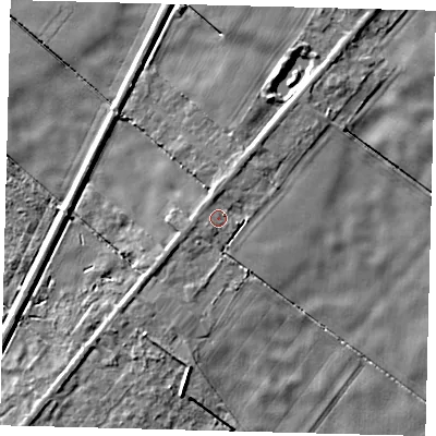 Shaded relief map of the ground around PE117AN, computed from Environment Agency LiDAR. The ground here sits at about 3 m above sea level and falls 4 m across the surrounding 800 m. Surface water reaching this point runs off ground lying to the west, 1.4 m higher.