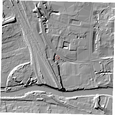Shaded relief map of the ground around PE11DD, computed from Environment Agency LiDAR. The ground here sits at about 6 m above sea level and falls 11 m across the surrounding 800 m. Surface water reaching this point runs off ground lying to the south, 6.0 m higher.
