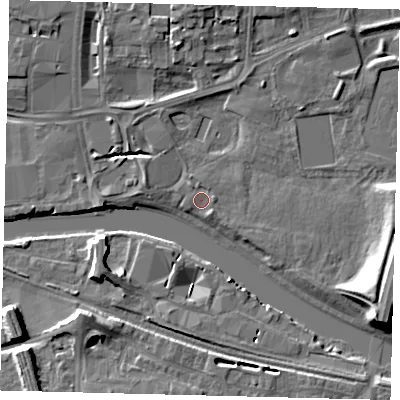Shaded relief map of the ground around PE11EF, computed from Environment Agency LiDAR. The ground here sits at about 5 m above sea level and falls 11 m across the surrounding 800 m. Surface water reaching this point runs off ground lying to the south-east, 1.1 m higher.