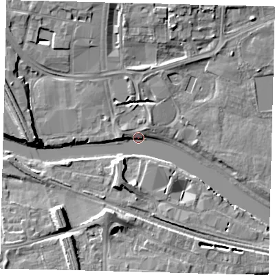 Shaded relief map of the ground around PE11EG, computed from Environment Agency LiDAR. The ground here sits at about 5 m above sea level and falls 9 m across the surrounding 800 m. Surface water reaching this point runs off ground lying to the west, 9.0 m higher.