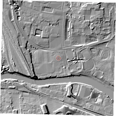 Shaded relief map of the ground around PE11EL, computed from Environment Agency LiDAR. The ground here sits at about 6 m above sea level and falls 9 m across the surrounding 800 m. The ground contributing surface water to this point lies to the south-west.