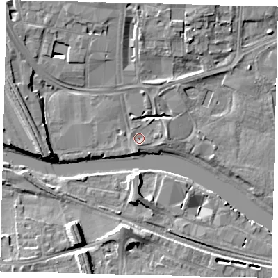 Shaded relief map of the ground around PE11EN, computed from Environment Agency LiDAR. The ground here sits at about 5 m above sea level and falls 9 m across the surrounding 800 m. Surface water reaching this point runs off ground lying to the south-south-west, 2.0 m higher.