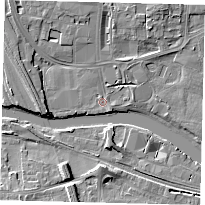 Shaded relief map of the ground around PE11EP, computed from Environment Agency LiDAR. The ground here sits at about 6 m above sea level and falls 9 m across the surrounding 800 m. Surface water reaching this point runs off ground lying to the south-south-east, 1.8 m higher.