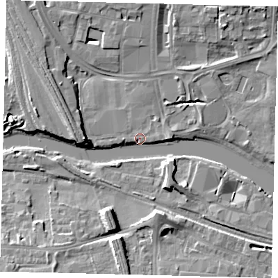 Shaded relief map of the ground around PE11ER, computed from Environment Agency LiDAR. The ground here sits at about 6 m above sea level and falls 9 m across the surrounding 800 m. Surface water reaching this point runs off ground lying to the east, 3.4 m higher.