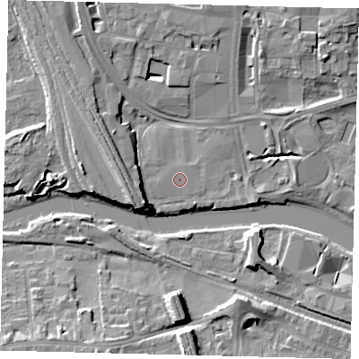 Shaded relief map of the ground around PE11ET, computed from Environment Agency LiDAR. The ground here sits at about 6 m above sea level and falls 9 m across the surrounding 800 m. Surface water reaching this point runs off ground lying to the west-south-west, 8.2 m higher.