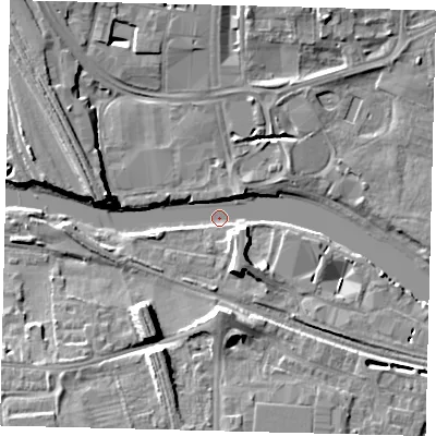 Shaded relief map of the ground around PE11FP, computed from Environment Agency LiDAR. The ground here sits at about 3 m above sea level and falls 9 m across the surrounding 800 m. Surface water reaching this point runs off ground lying to the west, 7.9 m higher.