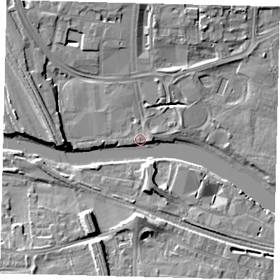 Shaded relief map of the ground around PE11FX, computed from Environment Agency LiDAR. The ground here sits at about 6 m above sea level and falls 9 m across the surrounding 800 m. Surface water reaching this point runs off ground lying to the east-south-east, 3.4 m higher.