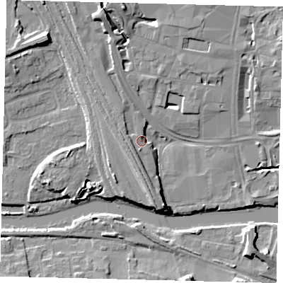 Shaded relief map of the ground around PE11NG, computed from Environment Agency LiDAR. The ground here sits at about 8 m above sea level and falls 11 m across the surrounding 800 m. Surface water reaching this point runs off ground lying to the south-south-east, 6.0 m higher.