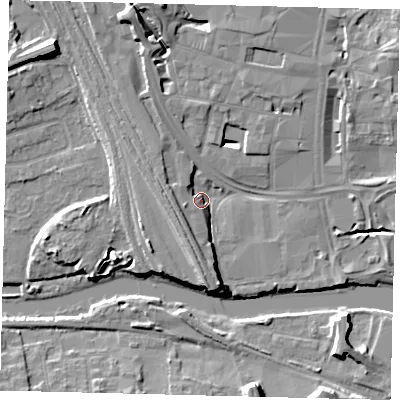 Shaded relief map of the ground around PE11SE, computed from Environment Agency LiDAR. The ground here sits at about 7 m above sea level and falls 11 m across the surrounding 800 m. Surface water reaching this point runs off ground lying to the south, 6.0 m higher.