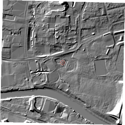 Shaded relief map of the ground around PE11YY, computed from Environment Agency LiDAR. The ground here sits at about 5 m above sea level and falls 12 m across the surrounding 800 m. Surface water reaching this point runs off ground lying to the west-north-west, 2.0 m higher.