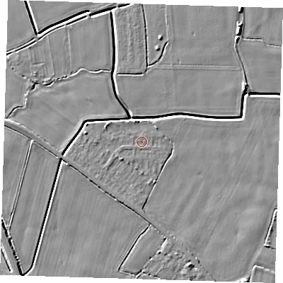 Shaded relief map of the ground around PE120AB, computed from Environment Agency LiDAR. The ground here sits at about 3 m above sea level and falls 6 m across the surrounding 800 m. Surface water reaching this point runs off ground lying to the west, 0.7 m higher.