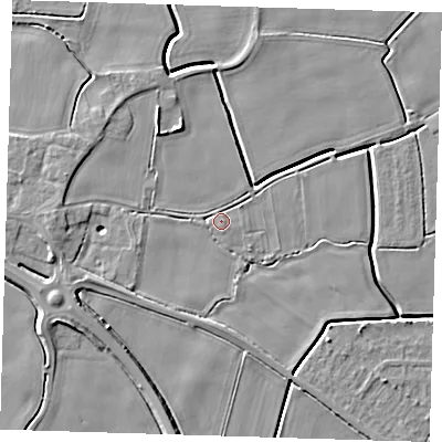 Shaded relief map of the ground around PE120AD, computed from Environment Agency LiDAR. The ground here sits at about 3 m above sea level and falls 5 m across the surrounding 800 m. Surface water reaching this point runs off ground lying to the north-west, 4.4 m higher.