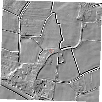 Shaded relief map of the ground around PE120AG, computed from Environment Agency LiDAR. The ground here sits at about 4 m above sea level and falls 5 m across the surrounding 800 m. Surface water reaching this point runs off ground lying to the south-east, 0.6 m higher.