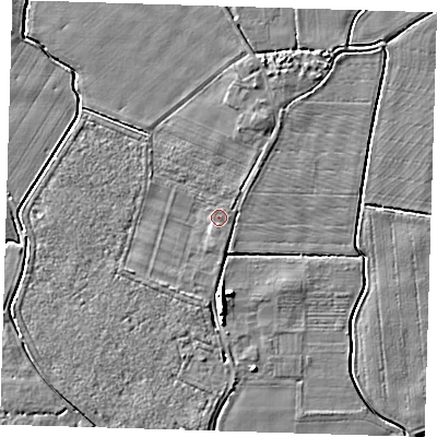 Shaded relief map of the ground around PE120AH, computed from Environment Agency LiDAR. The ground here sits at about 4 m above sea level and falls 5 m across the surrounding 800 m. Surface water reaching this point runs off ground lying to the south, 0.6 m higher.