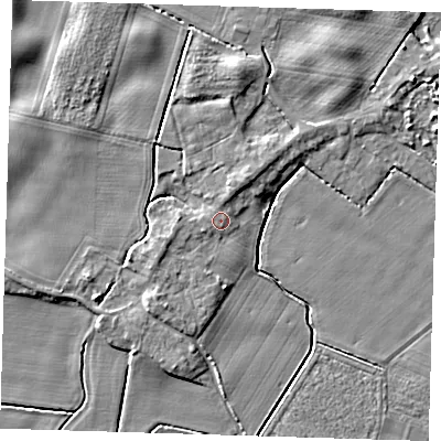 Shaded relief map of the ground around PE120AJ, computed from Environment Agency LiDAR. The ground here sits at about 5 m above sea level and falls 5 m across the surrounding 800 m. Surface water reaching this point runs off ground lying to the north, 0.8 m higher.