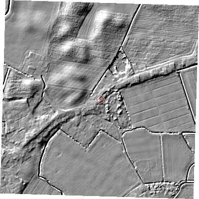 Shaded relief map of the ground around PE120AL, computed from Environment Agency LiDAR. The ground here sits at about 4 m above sea level and falls 5 m across the surrounding 800 m. Surface water reaching this point runs off ground lying to the south, 1.5 m higher.