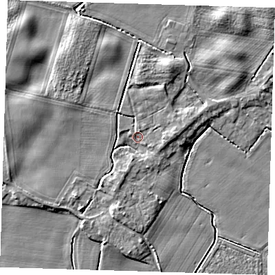 Shaded relief map of the ground around PE120AN, computed from Environment Agency LiDAR. The ground here sits at about 4 m above sea level and falls 5 m across the surrounding 800 m. Surface water reaching this point runs off ground lying to the east, 3.4 m higher.