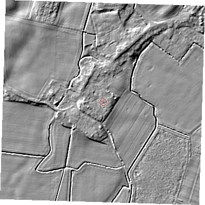 Shaded relief map of the ground around PE120AP, computed from Environment Agency LiDAR. The ground here sits at about 5 m above sea level and falls 5 m across the surrounding 800 m. Surface water reaching this point runs off ground lying to the west, 1.1 m higher.