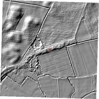 Shaded relief map of the ground around PE120AR, computed from Environment Agency LiDAR. The ground here sits at about 5 m above sea level and falls 5 m across the surrounding 800 m. Surface water reaching this point runs off ground lying to the east-north-east, 1.4 m higher.