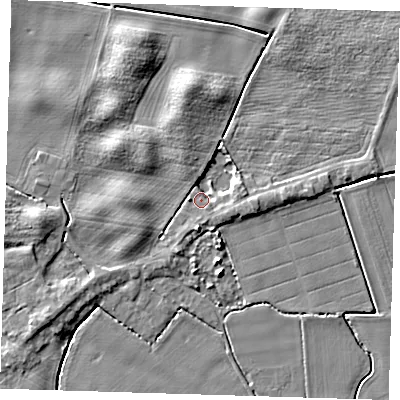 Shaded relief map of the ground around PE120AS, computed from Environment Agency LiDAR. The ground here sits at about 4 m above sea level and falls 5 m across the surrounding 800 m. Surface water reaching this point runs off ground lying to the west, 3.5 m higher.