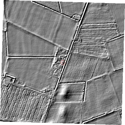 Shaded relief map of the ground around PE120AT, computed from Environment Agency LiDAR. The ground here sits at about 4 m above sea level and falls 4 m across the surrounding 800 m. Surface water reaching this point runs off ground lying to the south, 1.8 m higher.