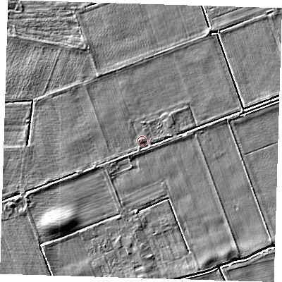 Shaded relief map of the ground around PE120AU, computed from Environment Agency LiDAR. The ground here sits at about 4 m above sea level and falls 4 m across the surrounding 800 m. Surface water reaching this point runs off ground lying to the west-south-west, 1.3 m higher.