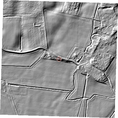 Shaded relief map of the ground around PE120AW, computed from Environment Agency LiDAR. The ground here sits at about 5 m above sea level and falls 5 m across the surrounding 800 m. Surface water reaching this point runs off ground lying to the north-west, 0.9 m higher.