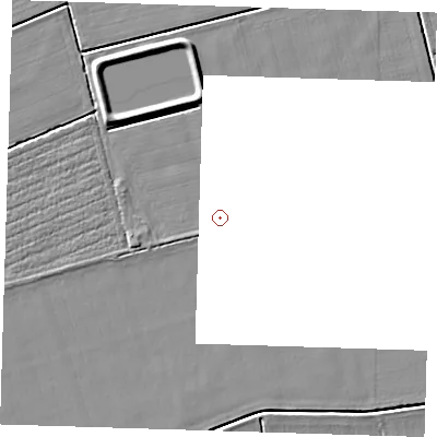 Shaded relief map of the ground around PE120AX, computed from Environment Agency LiDAR. and falls 5 m across the surrounding 800 m. The ground contributing surface water to this point lies to the south-west.