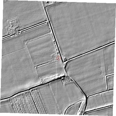 Shaded relief map of the ground around PE120AY, computed from Environment Agency LiDAR. The ground here sits at about 4 m above sea level and falls 4 m across the surrounding 800 m. Surface water reaching this point runs off ground lying to the south-east, 2.8 m higher.