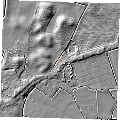 Shaded relief map of the ground around PE120BA, computed from Environment Agency LiDAR. The ground here sits at about 4 m above sea level and falls 5 m across the surrounding 800 m. Surface water reaching this point runs off ground lying to the west, 3.5 m higher.