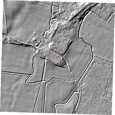 Shaded relief map of the ground around PE120BB, computed from Environment Agency LiDAR. The ground here sits at about 5 m above sea level and falls 5 m across the surrounding 800 m. Surface water reaching this point runs off ground lying to the north-north-west, 1.5 m higher.