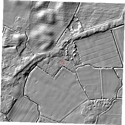 Shaded relief map of the ground around PE120BE, computed from Environment Agency LiDAR. The ground here sits at about 3 m above sea level and falls 5 m across the surrounding 800 m. Surface water reaching this point runs off ground lying to the north-north-west, 1.4 m higher.