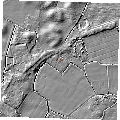 Shaded relief map of the ground around PE120BG, computed from Environment Agency LiDAR. The ground here sits at about 4 m above sea level and falls 5 m across the surrounding 800 m. Surface water reaching this point runs off ground lying to the west-north-west, 1.7 m higher.