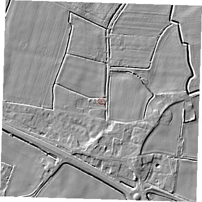 Shaded relief map of the ground around PE120BL, computed from Environment Agency LiDAR. The ground here sits at about 3 m above sea level and falls 5 m across the surrounding 800 m. Surface water reaching this point runs off ground lying to the south, 3.4 m higher.