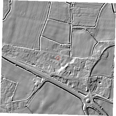 Shaded relief map of the ground around PE120BN, computed from Environment Agency LiDAR. The ground here sits at about 3 m above sea level and falls 5 m across the surrounding 800 m. Surface water reaching this point runs off ground lying to the south-south-east, 2.2 m higher.