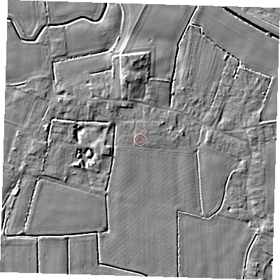 Shaded relief map of the ground around PE120BQ, computed from Environment Agency LiDAR. The ground here sits at about 3 m above sea level and falls 5 m across the surrounding 800 m. Surface water reaching this point runs off ground lying to the north-east, 0.5 m higher.