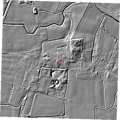 Shaded relief map of the ground around PE120BU, computed from Environment Agency LiDAR. The ground here sits at about 4 m above sea level and falls 5 m across the surrounding 800 m. Surface water reaching this point runs off ground lying to the north-north-east, 0.6 m higher.