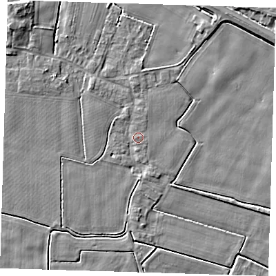 Shaded relief map of the ground around PE120BY, computed from Environment Agency LiDAR. The ground here sits at about 3 m above sea level and falls 5 m across the surrounding 800 m. The ground contributing surface water to this point lies to the west.