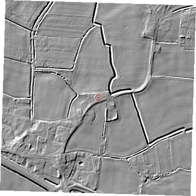 Shaded relief map of the ground around PE120DA, computed from Environment Agency LiDAR. The ground here sits at about 4 m above sea level and falls 5 m across the surrounding 800 m. Surface water reaching this point runs off ground lying to the west-north-west, 0.7 m higher.